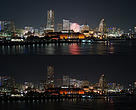 Ícones de Yokohama antes e depois do apagar de luzes 