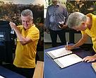 O Governador Rodrigo Rollemberg aparece segurando a camiseta oficial da Hora do Planeta 2015 e assinando o Termo de Adesão do Distrito Federal