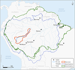 Mapa mostra a localização da bacia do Rio Juruá no interior da Amazônia