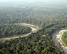 Vista aérea da Resex Chico Mendes, com uma parte do rio Xapuri, na floresta Amazônica, Acre, Brasil.